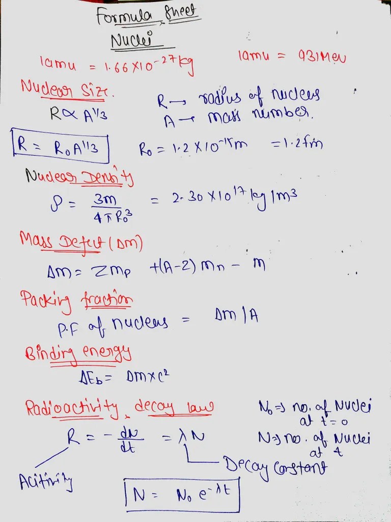 Formula Sheet Nuclei Class 12 Physics | PDF