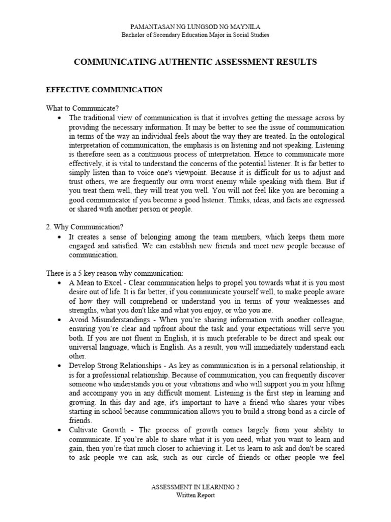 Assessment In Learning 2 - Communicating Authentic Assessment Results ...