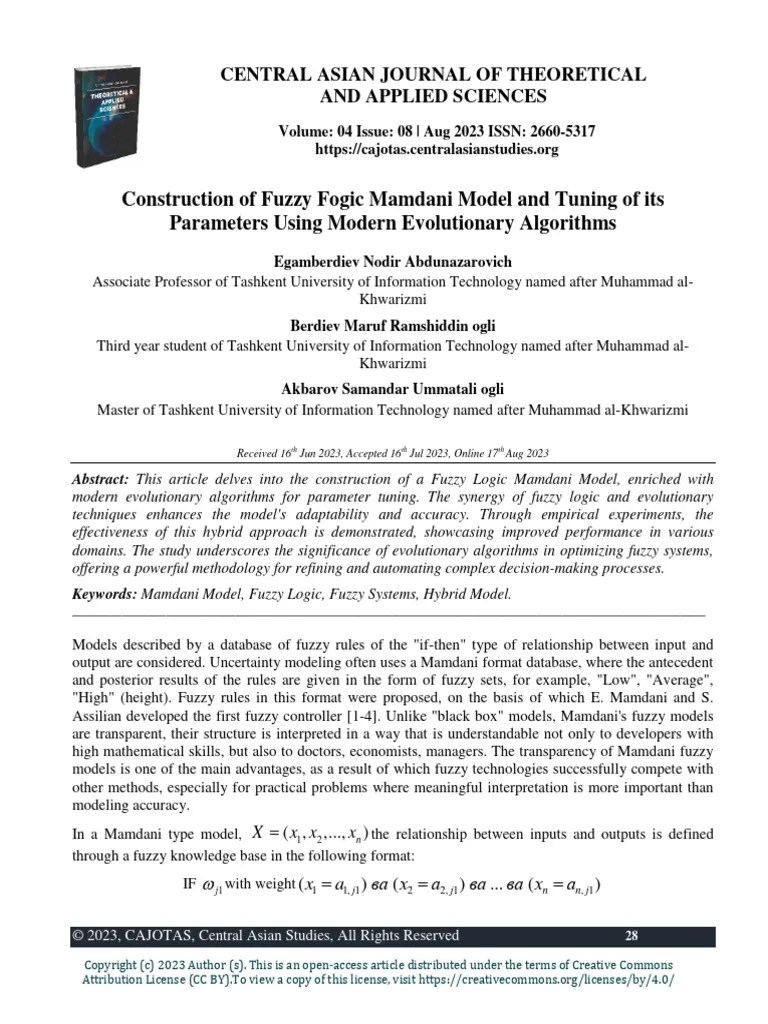 Construction Of Fuzzy Fogic Mamdani Model And Tuning Of Its Parameters Using Modern Evolutionary ...