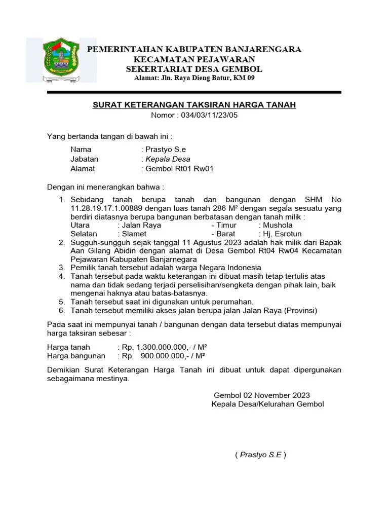 Surat Keterangan Taksiran Harga Tanah | PDF