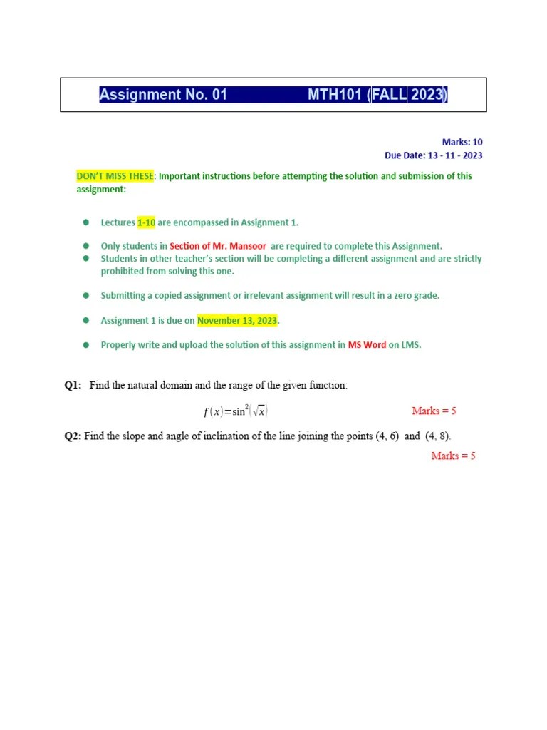 Fall 2023 MTH101 - Assignment 1 (Section - Mr. Mansoor) | PDF