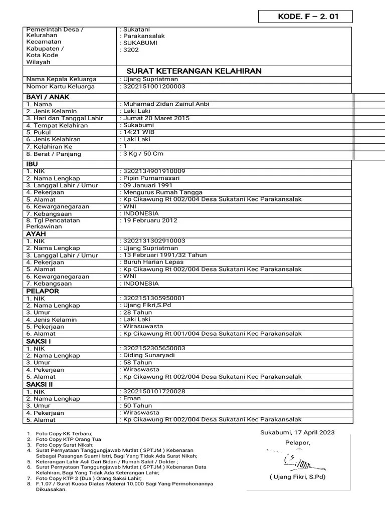 New (F-2 - 01) FORMULIR - AKTA - KELAHIRAN (1) - 1 | PDF