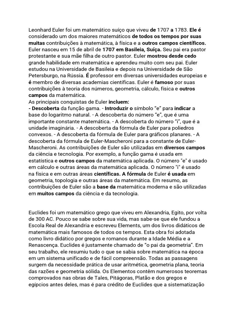 Leonhard Euler Foi Um Matemático Suíço Que Viveu De 1707 A 1 | PDF ...