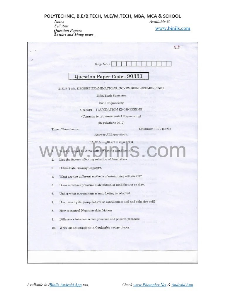 CE 8591 Foundation Engineering Previous Question Paper | PDF