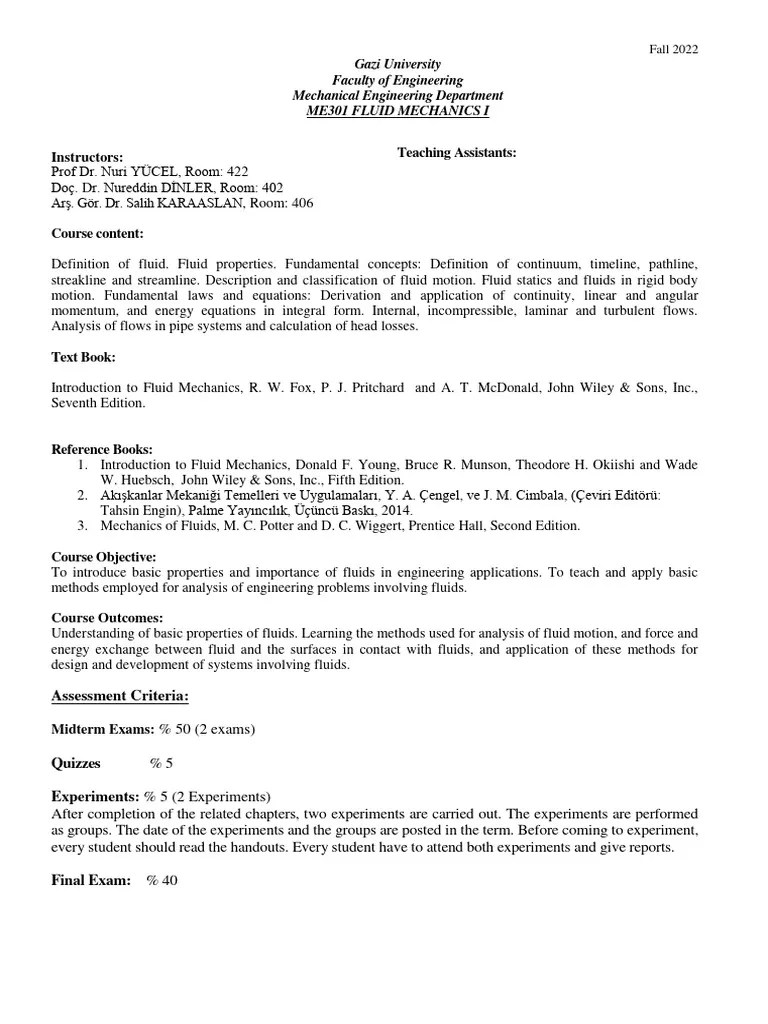 ME301 Fluid Mechanics I Syllabus (2022) | PDF | Fluid Mechanics | Fluid ...