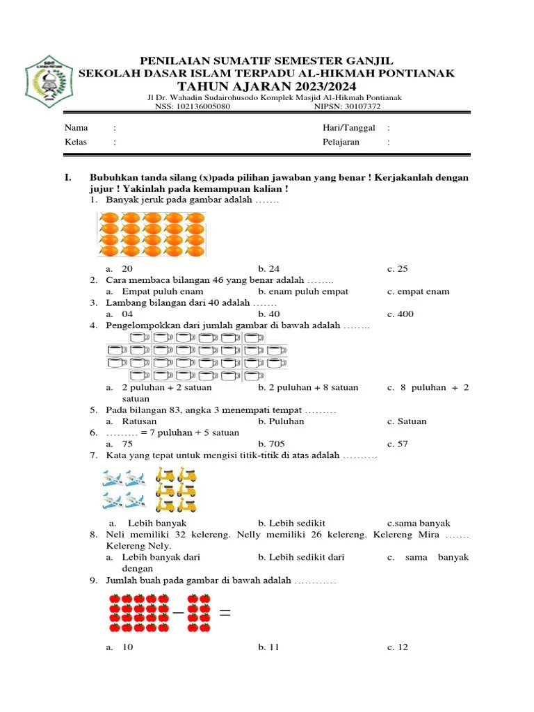 Soal Sem 1 MTK Kelas 2 Kurikulum Merdeka | PDF