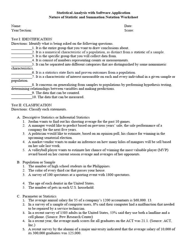 Statistical Analysis With Software Application Worksheet Topic 1 2 ...