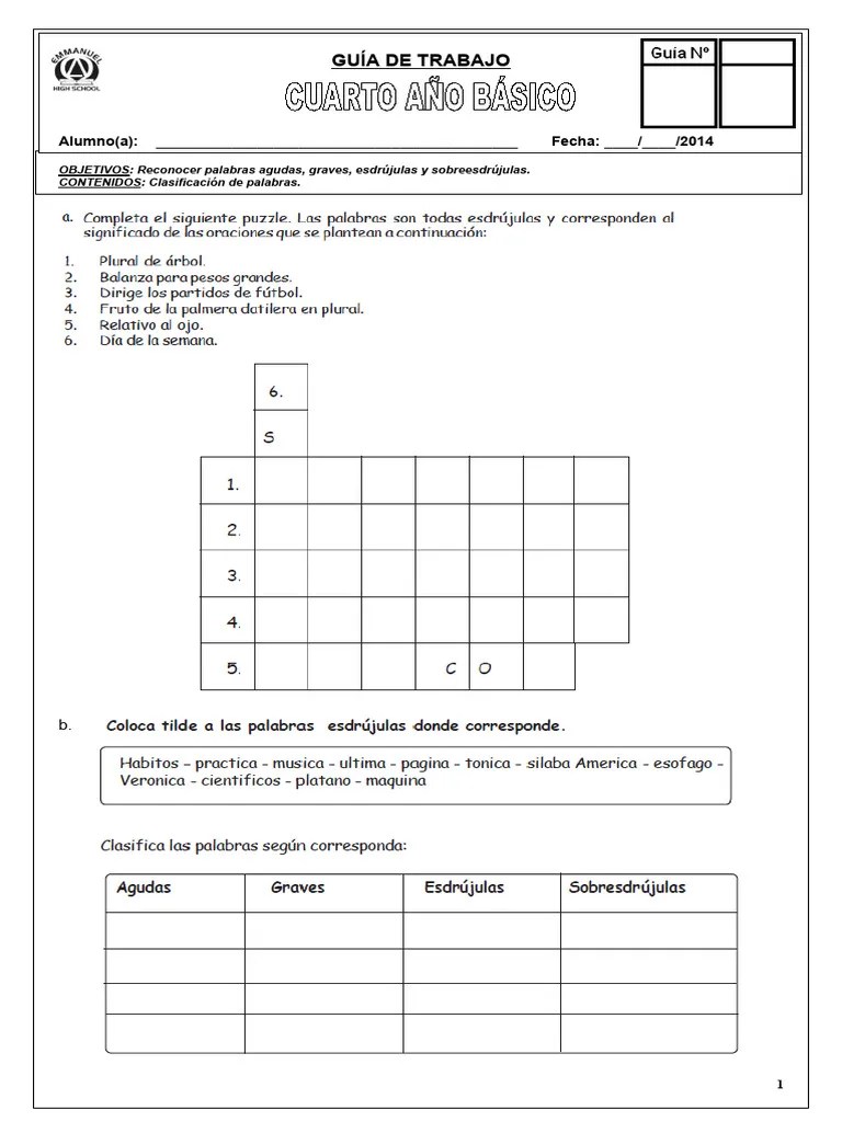 Guía Palabras Agudas Graves Esdrújulas 3 - 4° Básicos | PDF