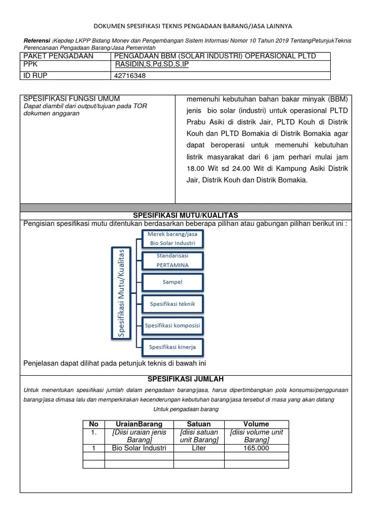 FORMAT SPESIFIKASI TEKNIS Barang Jasa Lainnya Berd Kepdep LKPP 10 2019 | PDF