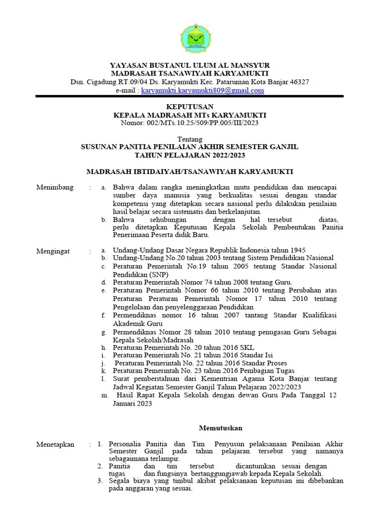 SK Panitia PPDB Madrasah 2022 | PDF