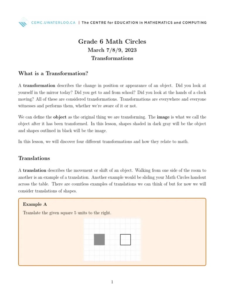 Junior6 Transformations Lesson | PDF | Cartesian Coordinate System | Shape
