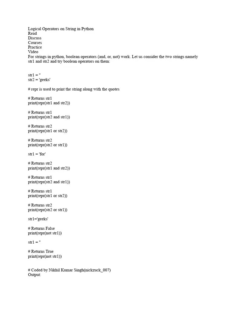Logical Operators On String In Python | PDF