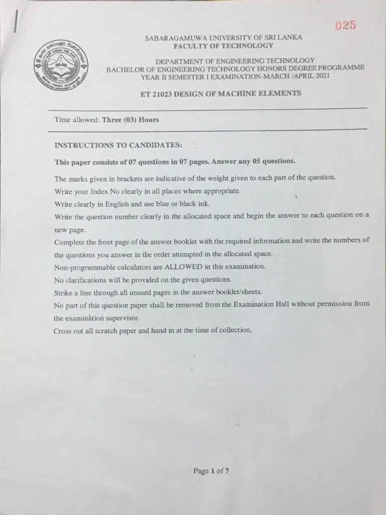 Design Of Machine Element Exam Paper | PDF