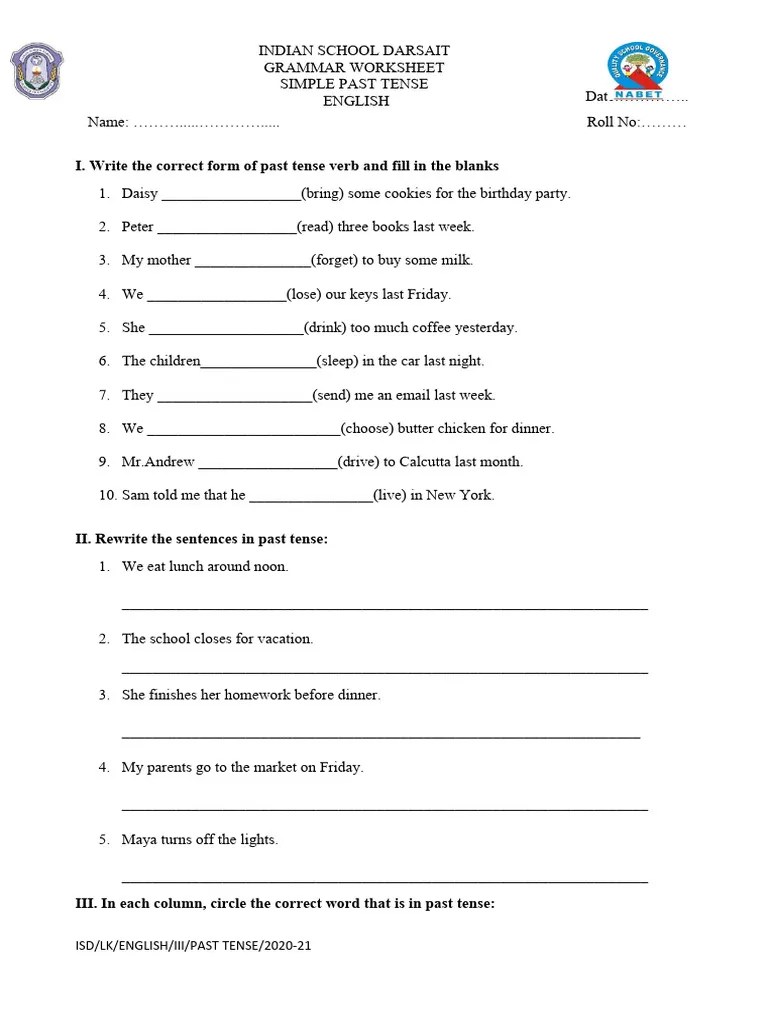 Past Tense Class III Worksheet | PDF | Grammar | Linguistics