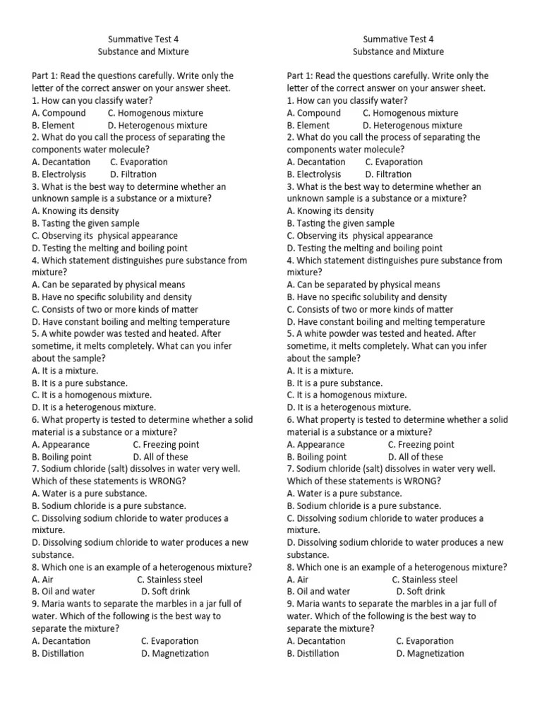 Summative Test Substance And Mixture | PDF | Mixture | Water