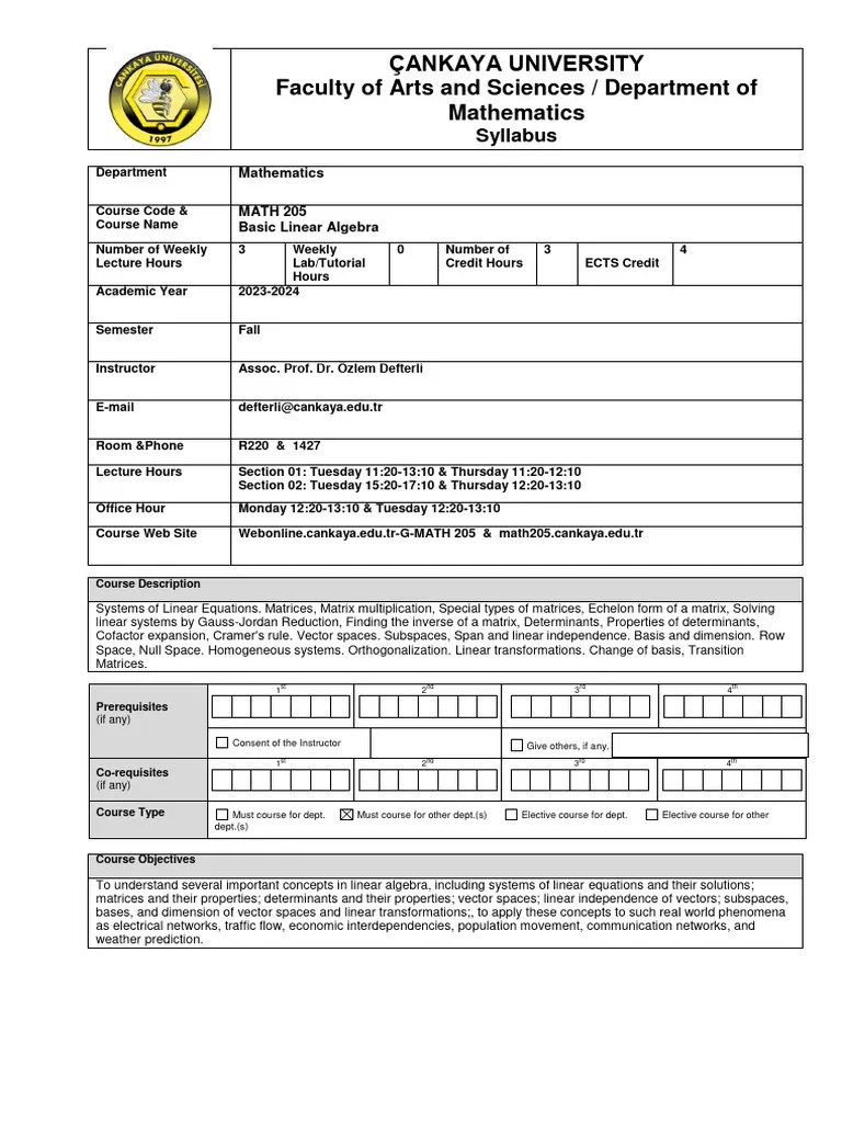 Syllabus Math 205 | PDF | Matrix (Mathematics) | Linear Map