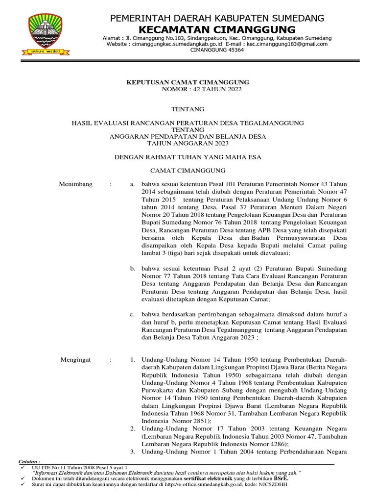 Hasil Evaluasi Rancangan Peraturan Desa Tegalmanggung Tentang Anggaran ...