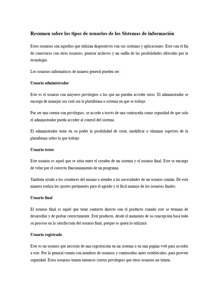 Resumen Sobre Los Tipos De Usuarios De Los Sistemas De Información | PDF | Usuario (informática ...