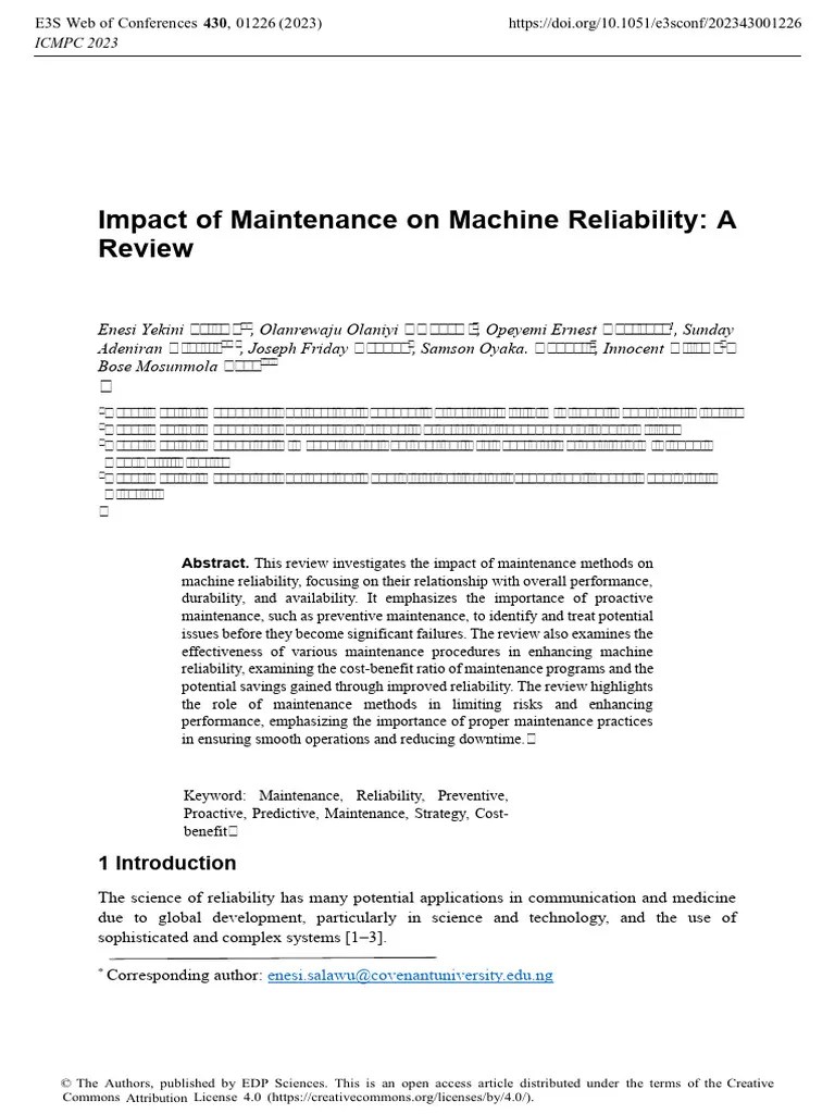 Impact Of Maintenance On Machine Reliability A Rev | Download Free PDF | Reliability Engineering ...