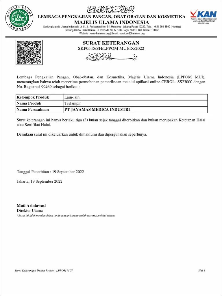 Surat Keterangan Pengurusan Sertifikasi Halal Antiseptik One Med ...