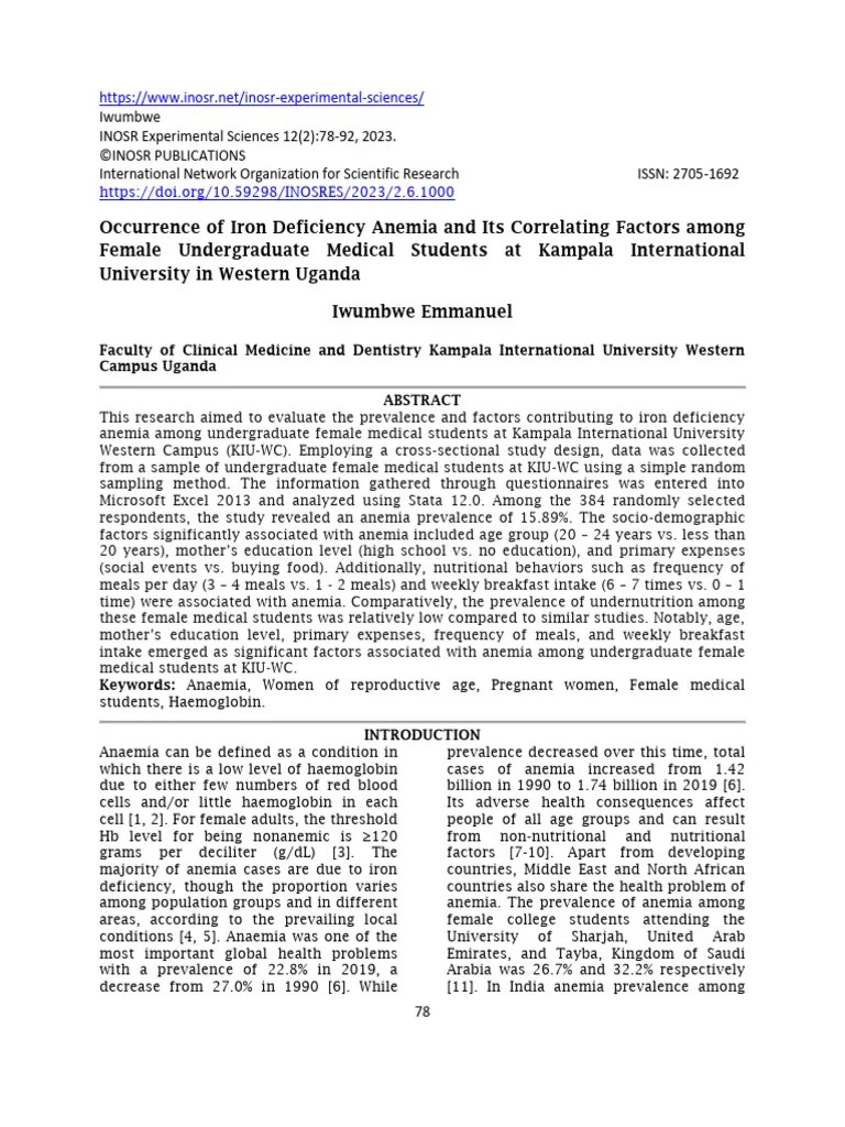 Occurrence Of Iron Deficiency Anemia And Its Correlating Factors Among Female Undergraduate ...