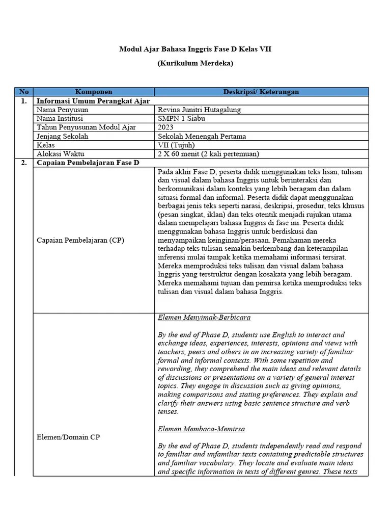 Modul Ajar Bahasa Inggris Fase D Kelas VII | PDF