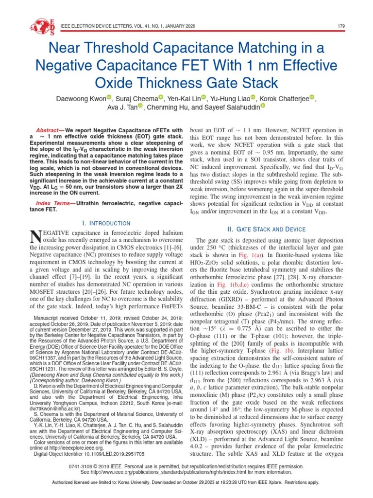 Near Threshold Capacitance Matching In A Negative Capacitance FET With ...