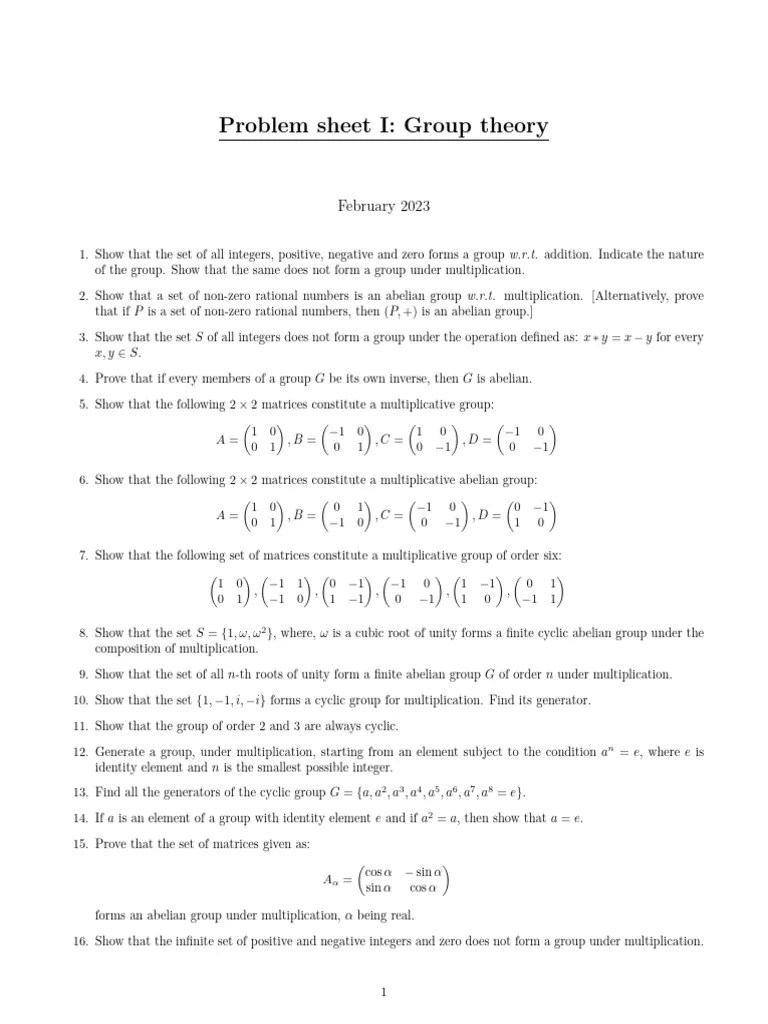 Group Theory Problem Sheet I | PDF | Group (Mathematics) | Matrix ...