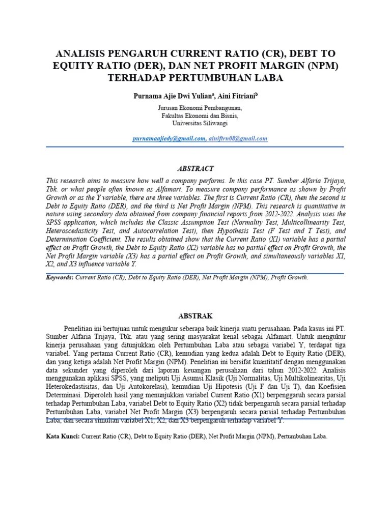 Analisis Pengaruh Current Ratio (CR), Debt To Equity Ratio (Der), Dan ...