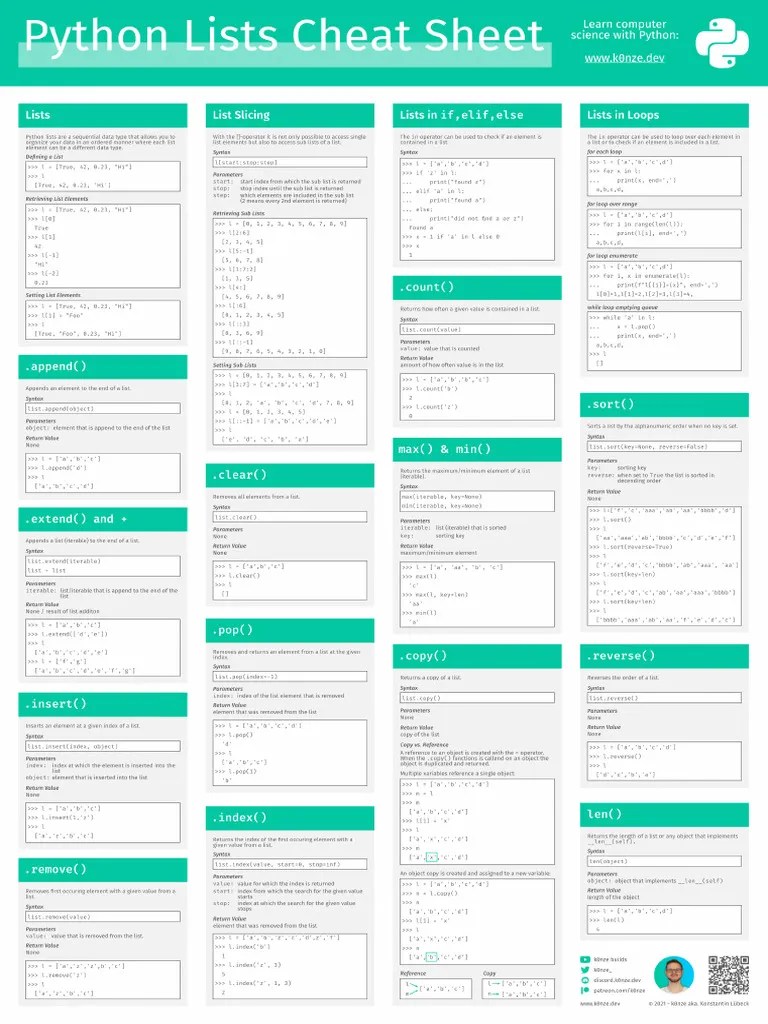 Python Lists Cheat Sheet | PDF