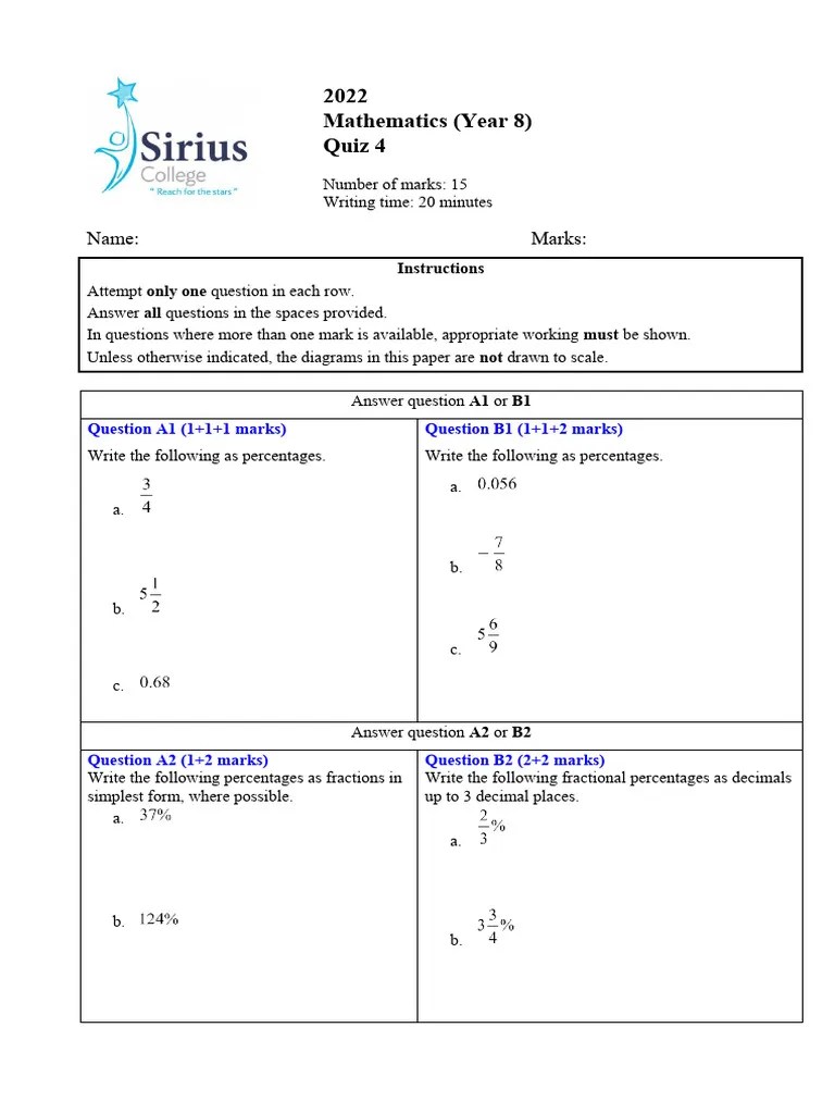 Year 8 Quiz 4 Final | PDF | Percentage | Mathematics
