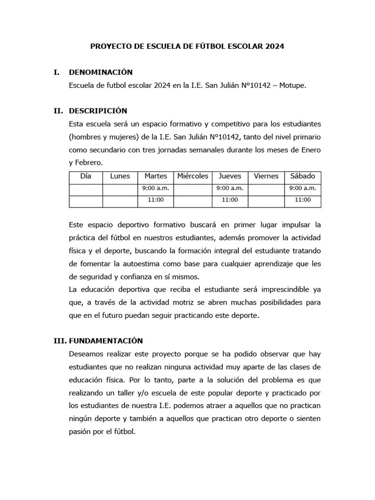 Proyecto De Escuela De Fútbol Escolar 2024 | PDF | Deportes