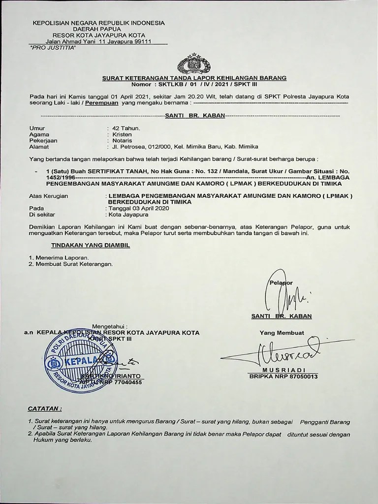 Surat Kehilangan Dari Kepolisian | PDF