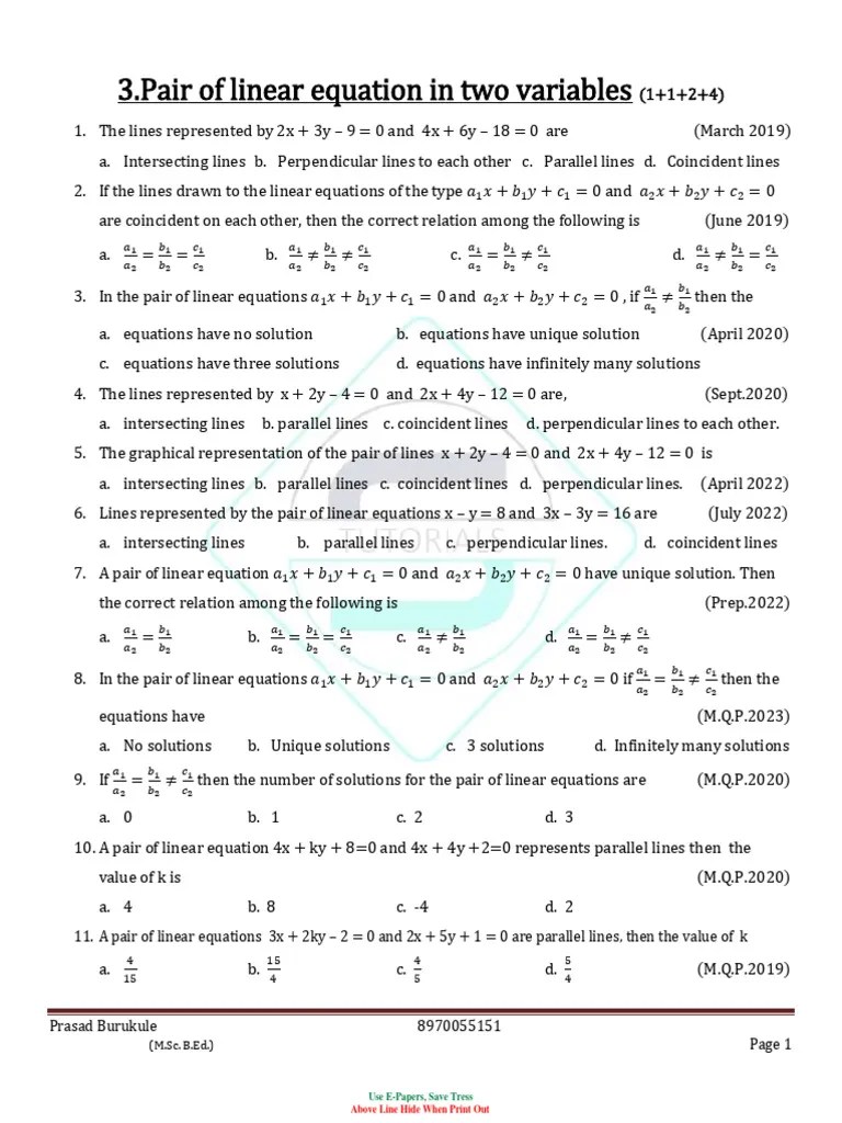 03 - Pair Of Linear Equation In Two Variables | PDF | Equations ...