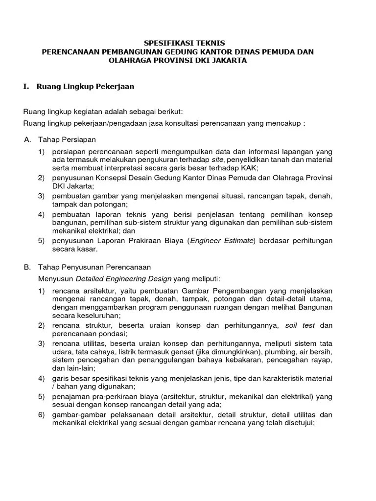 Spesifikasi Teknis Perencanaan Pembangunan Gedung Kantor Dispora | PDF