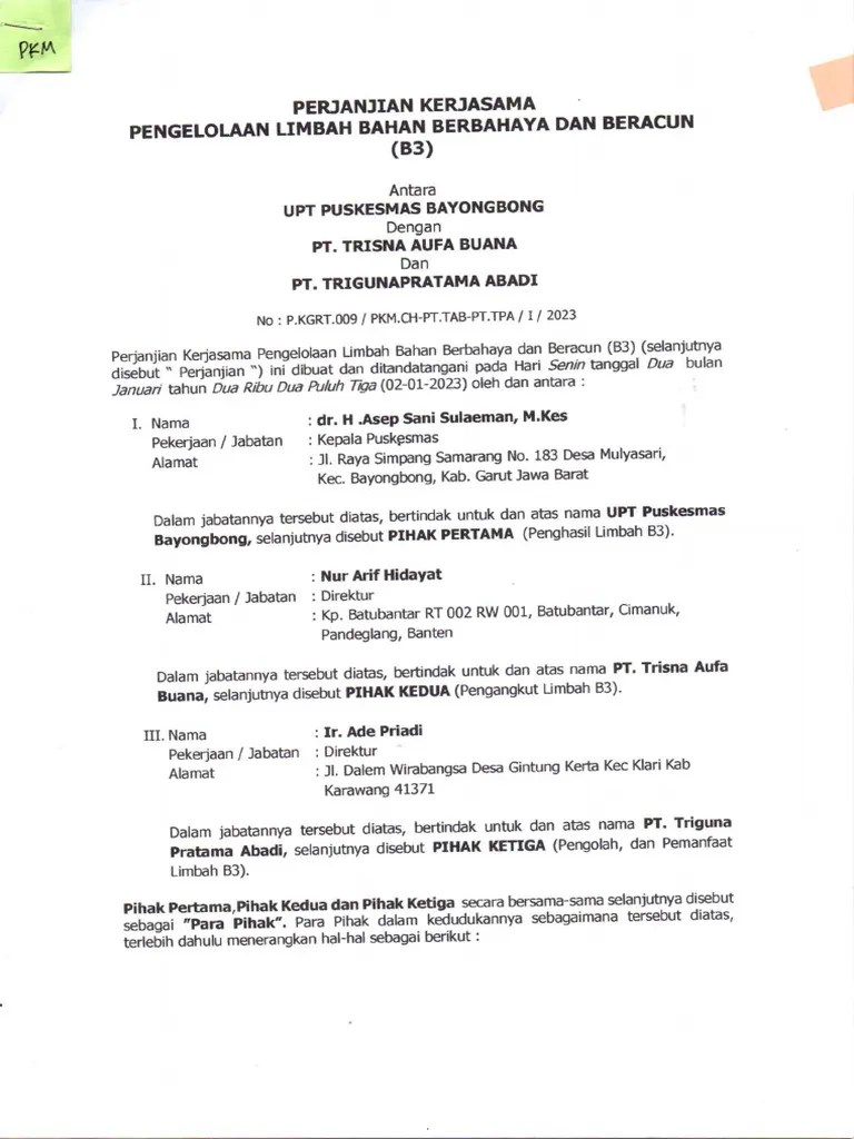 Mou Pihak Ke-3 Limbah PKM BAYONGBONG 2023 | PDF