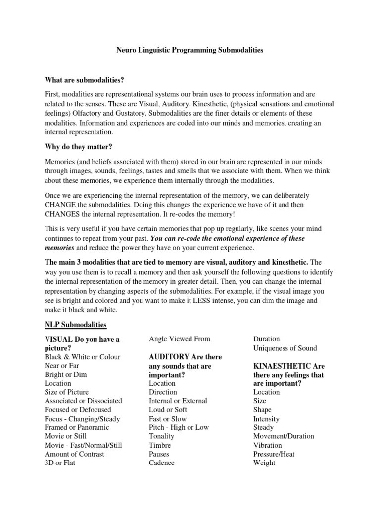 Neuro Linguistic Programming Submodalities | PDF | Experience | Memory
