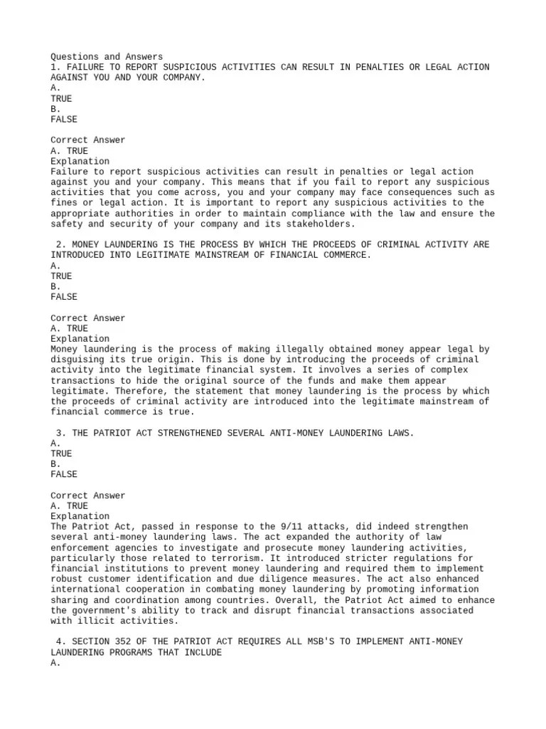 Anti-Money Laundering Quiz Questions | PDF | Money Laundering | Office ...