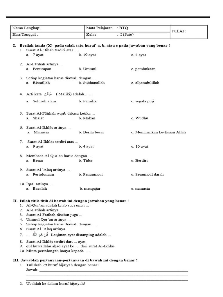 Soal Pelajaran BTQ Kelas 1 SD | PDF