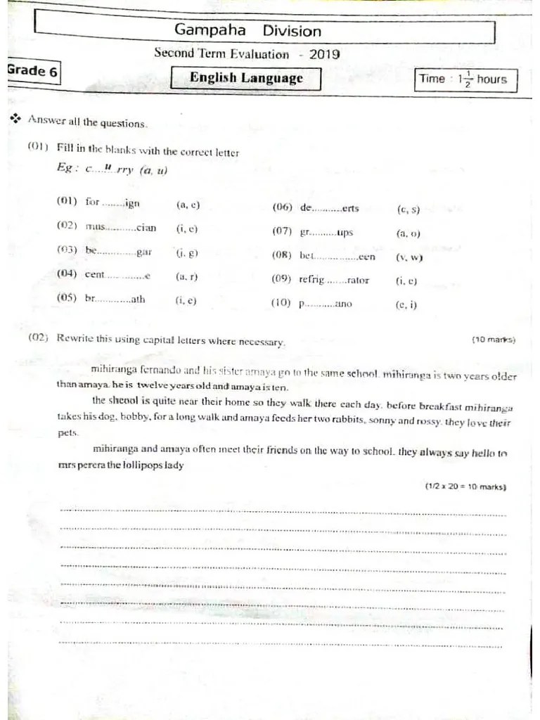 English - Grade 6 - Second Term Test 2019 - Gampaha Zone | PDF
