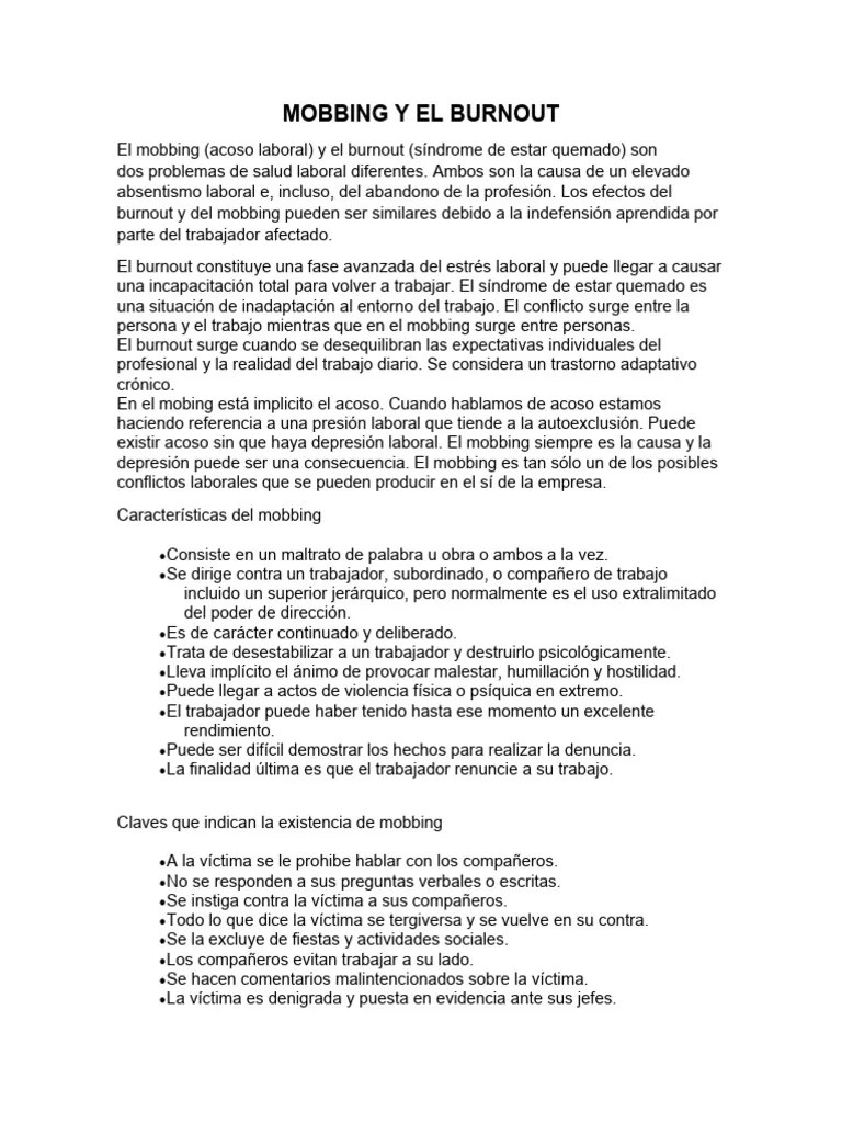 Mobbing Y El Burnout | PDF | Burnout Ocupacional | Depresión (estado De ánimo)