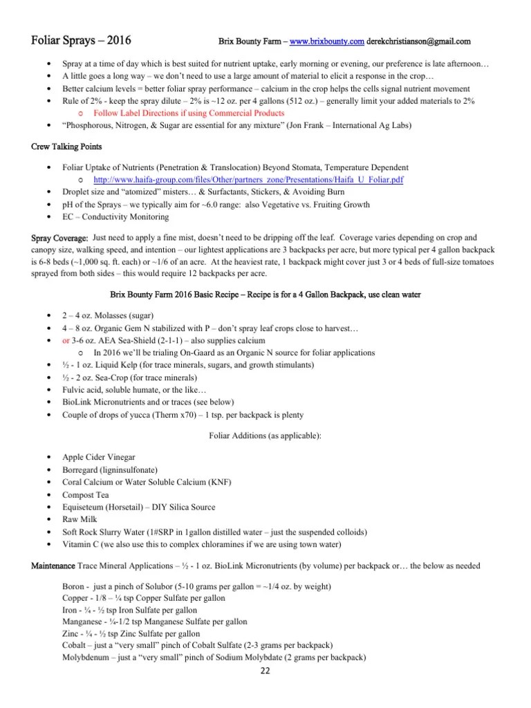 Foliar Sprays Soil Nutrition 2016 | PDF | Fertilizer | Manganese