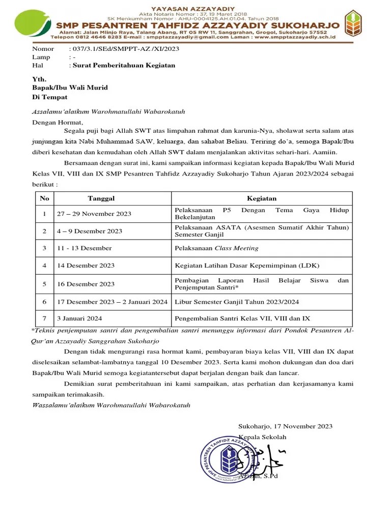 Surat Pemberitahuan Kegiatan Dan Liburan | PDF