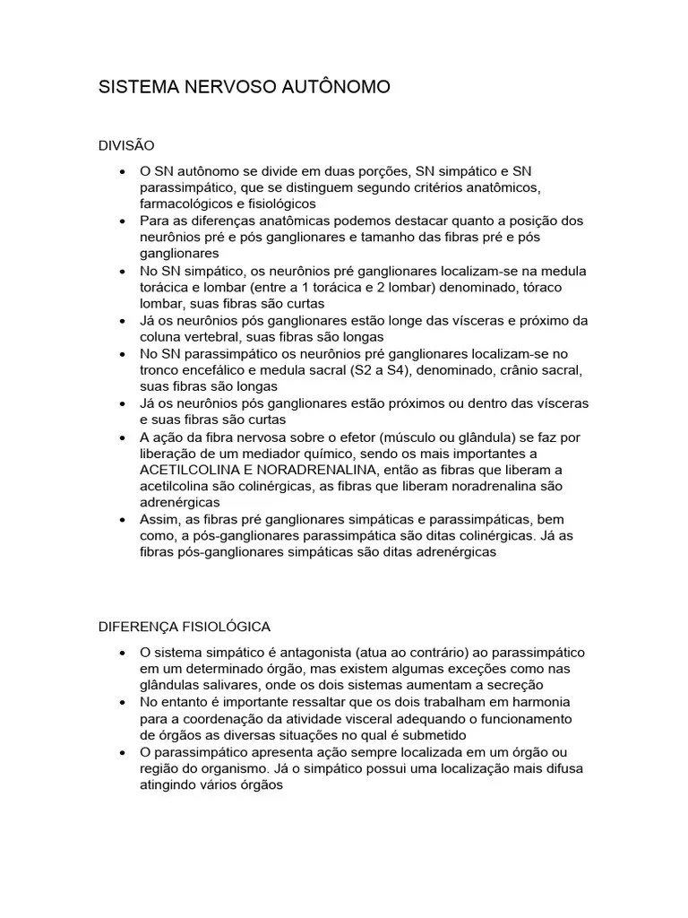 Resumo Sistema Nervoso Autônomo | PDF | Sistema Nervoso Autónomo | Anatomia