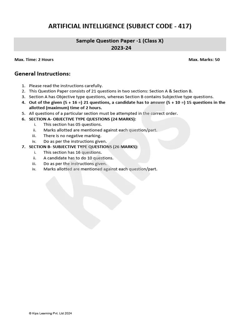 AI Class 10 Sample Paper-1 - 2024 | PDF | Machine Learning | Artificial ...