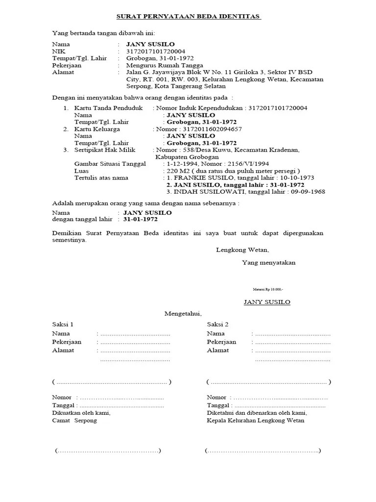 Surat Pernyataan Beda Identitas | PDF