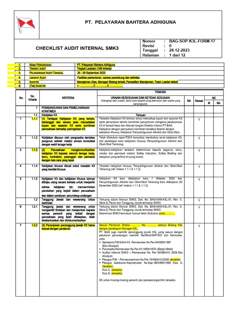 BAG-FORM-KEL-17 Isian Checklist Audit Internal SMK3 | PDF