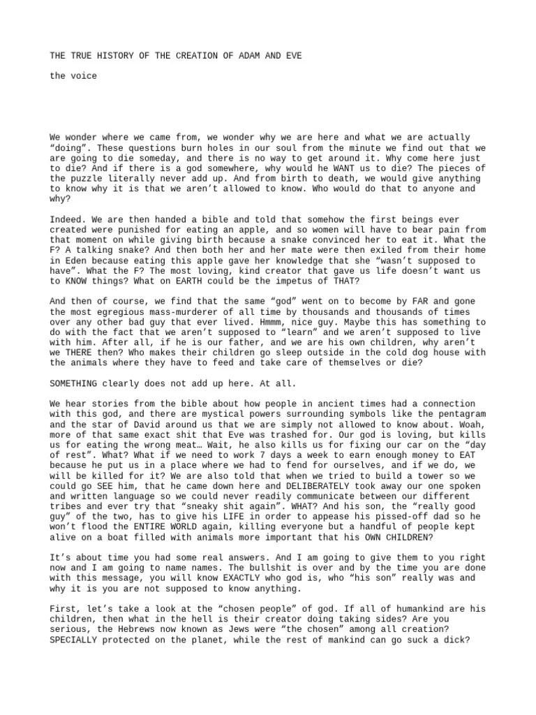 THE TRUE HISTORY OF THE CREATION OF ADAM AND EVE (Possible Copy) | PDF ...