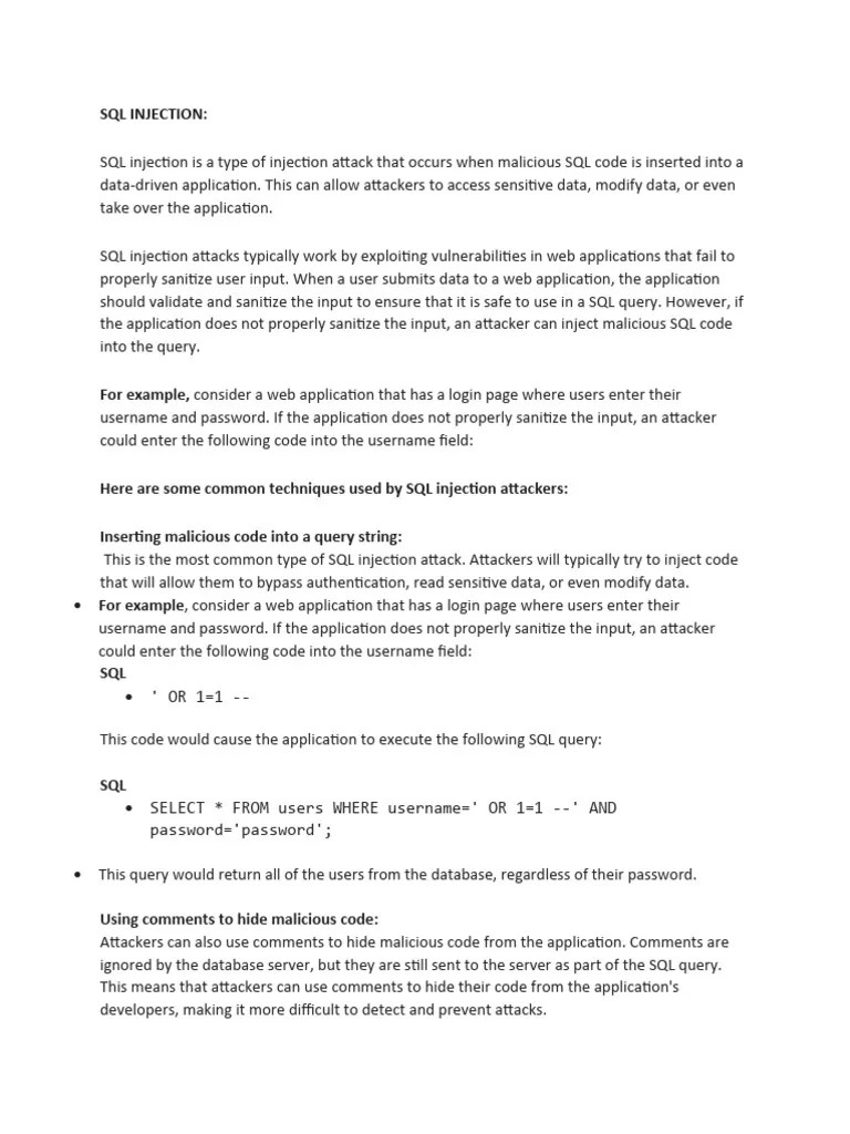 SQL Injection Is A Type Of Injection Attack That Occurs When | PDF ...