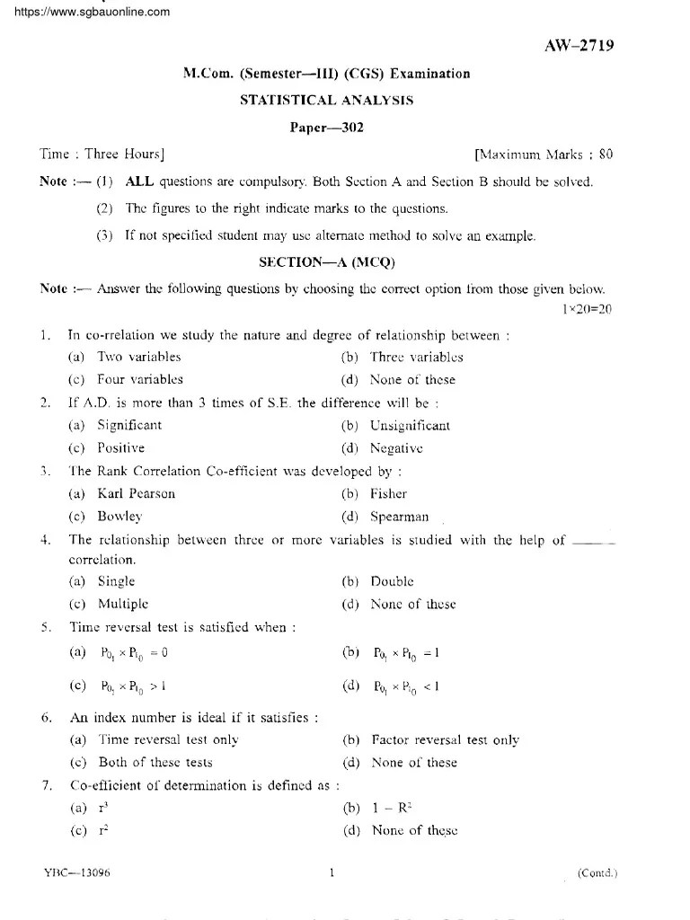 Mcom 3 Sem Statistical Analysis Cgs S 2019 | PDF | Analysis | Probability